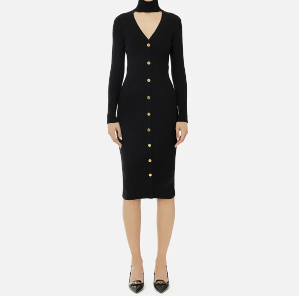 Elisabetta Franchi Abiti Midi | Abiti In Maglia^Abiti midi in viscosa a coste con bottoniera Nero
