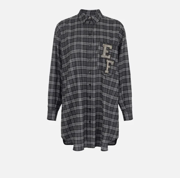 Elisabetta Franchi Mini Abiti | Abiti^Abito camicia in lana tartan con patch ricamato Steel