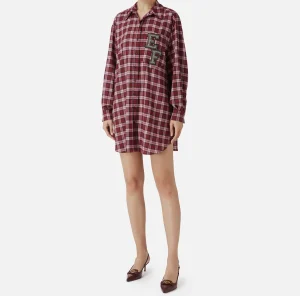 Elisabetta Franchi Mini Abiti | Abiti^Abito camicia in lana tartan con patch ricamato RedPassion