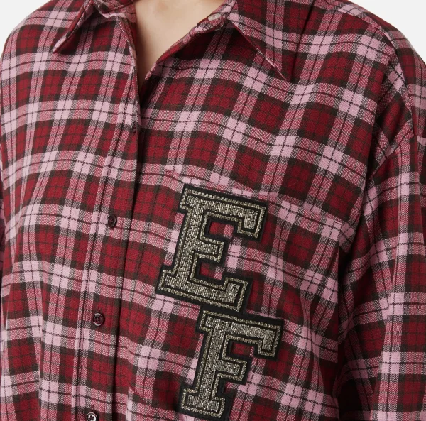 Elisabetta Franchi Mini Abiti | Abiti^Abito camicia in lana tartan con patch ricamato RedPassion