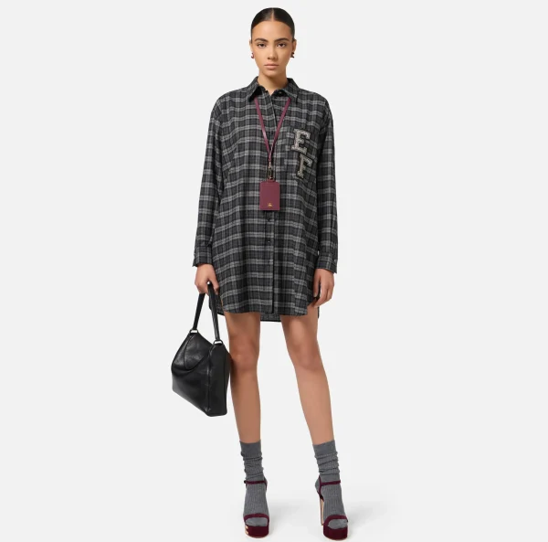 Elisabetta Franchi Mini Abiti | Abiti^Abito camicia in lana tartan con patch ricamato Steel