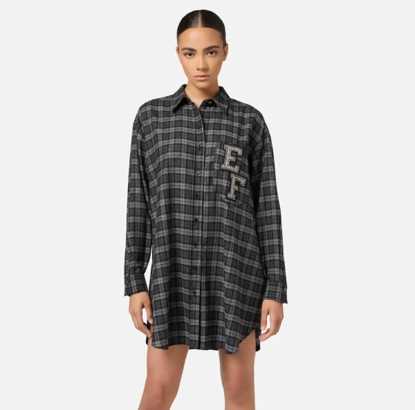 Elisabetta Franchi Mini Abiti | Abiti^Abito camicia in lana tartan con patch ricamato Steel
