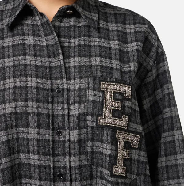 Elisabetta Franchi Mini Abiti | Abiti^Abito camicia in lana tartan con patch ricamato Steel