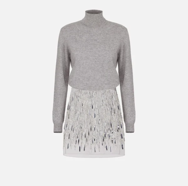 Elisabetta Franchi Mini Abiti | Abiti In Maglia^Abito dolcevita in lana con gonna ricamata Grigiomelange