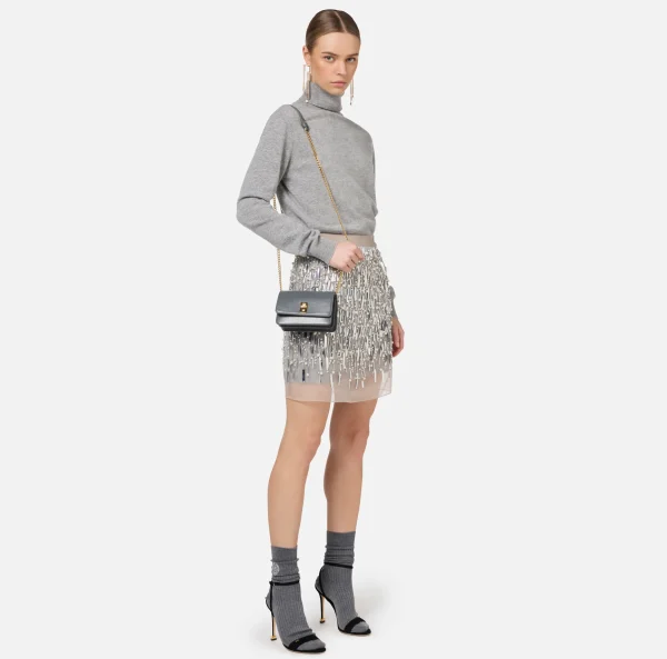 Elisabetta Franchi Mini Abiti | Abiti In Maglia^Abito dolcevita in lana con gonna ricamata Grigiomelange