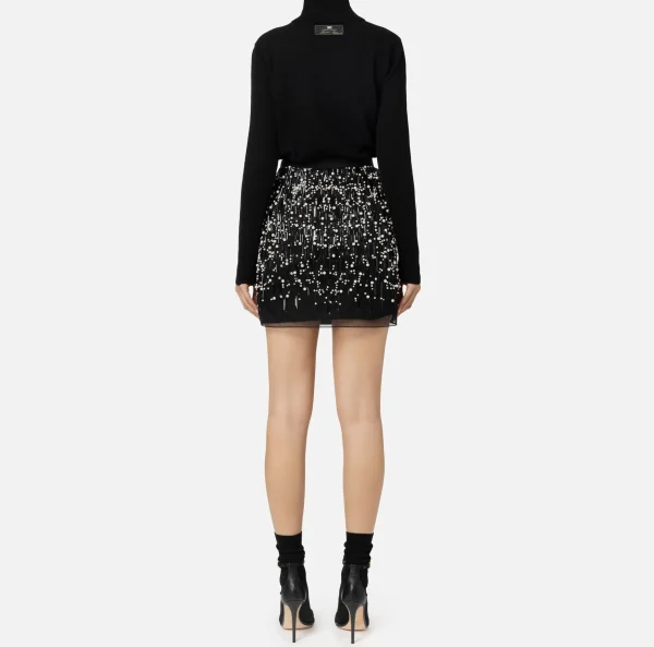Elisabetta Franchi Mini Abiti | Abiti In Maglia^Abito dolcevita in lana con gonna ricamata Nero