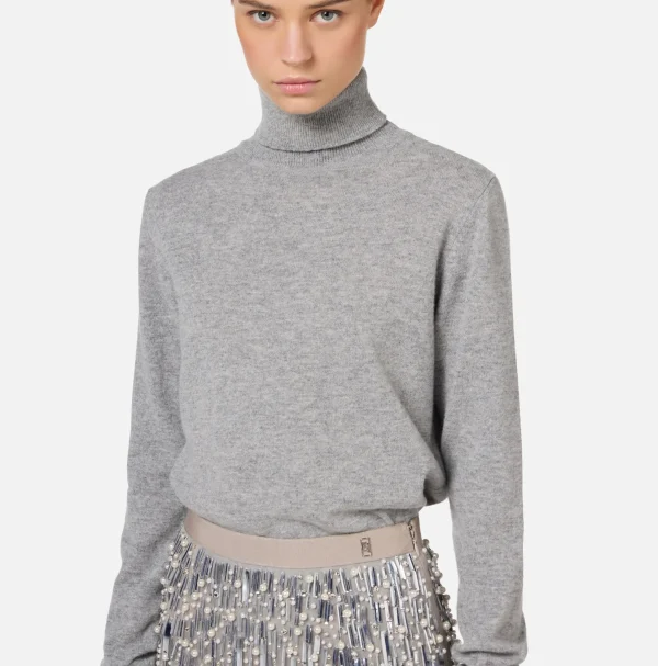 Elisabetta Franchi Mini Abiti | Abiti In Maglia^Abito dolcevita in lana con gonna ricamata Grigiomelange