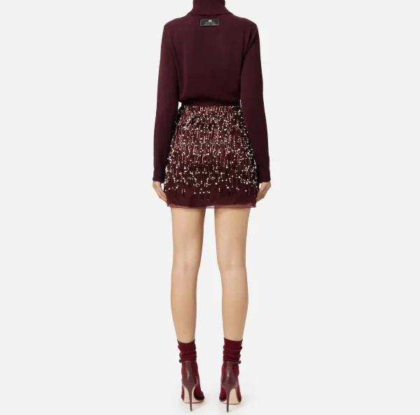 Elisabetta Franchi Mini Abiti | Abiti In Maglia^Abito dolcevita in lana con gonna ricamata RougeNoir