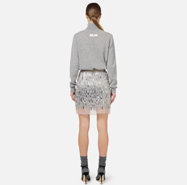 Elisabetta Franchi Mini Abiti | Abiti In Maglia^Abito dolcevita in lana con gonna ricamata Grigiomelange