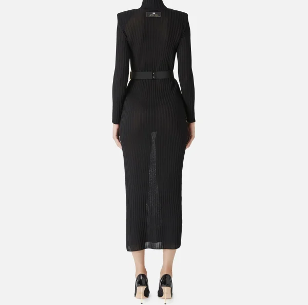 Elisabetta Franchi Abiti In Maglia | Abiti^Abito dolcevita in viscosa lucida a costine con cintura Nero