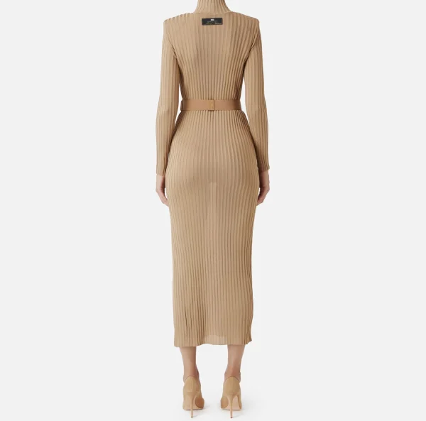 Elisabetta Franchi Abiti In Maglia | Abiti^Abito dolcevita in viscosa lucida a costine con cintura Camel