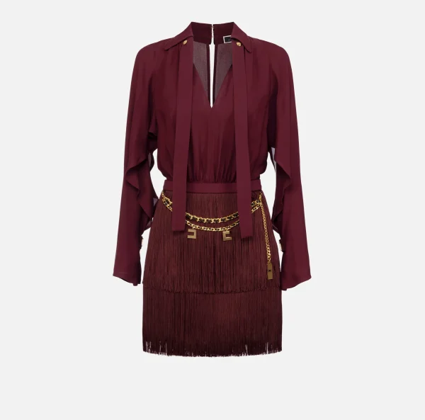 Elisabetta Franchi Mini Abiti | Abiti^Abito frange con camicia e foulard RougeNoir