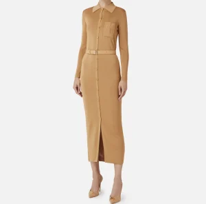 Elisabetta Franchi Abiti In Maglia | Abiti^Abito lungo in viscosa lucida con ricamo logo e cintura Bronze