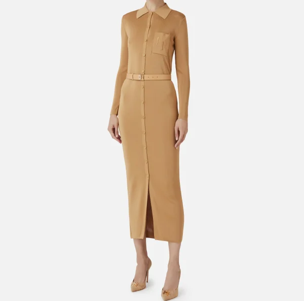 Elisabetta Franchi Abiti In Maglia | Abiti^Abito lungo in viscosa lucida con ricamo logo e cintura Bronze