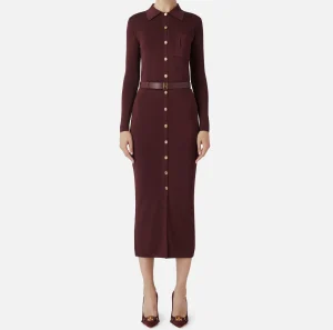 Elisabetta Franchi Abiti In Maglia | Abiti^Abito lungo in viscosa lucida con ricamo logo e cintura RougeNoir