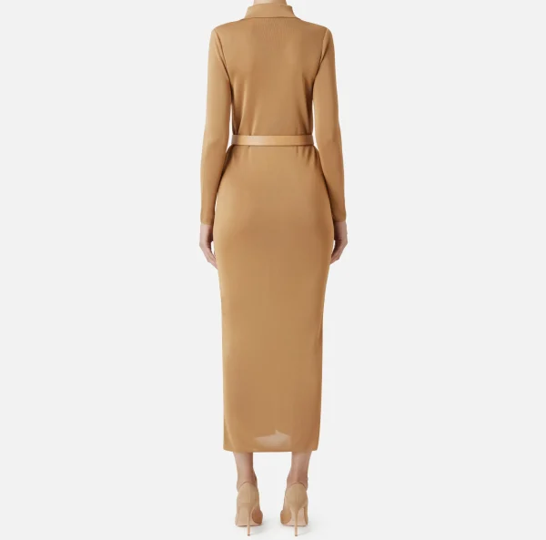 Elisabetta Franchi Abiti In Maglia | Abiti^Abito lungo in viscosa lucida con ricamo logo e cintura Bronze