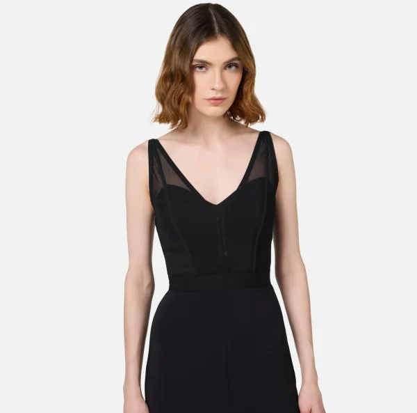 Elisabetta Franchi Abiti Midi | Abiti Tubino^Abito midi con top bustier in tulle e crêpe Nero