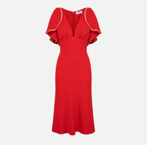 Elisabetta Franchi Abiti Midi | Abiti^Abito midi in crêpe fluido con maniche ad aletta RedPassion/PeachRose