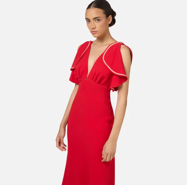 Elisabetta Franchi Abiti Midi | Abiti^Abito midi in crêpe fluido con maniche ad aletta RedPassion/PeachRose