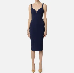Elisabetta Franchi Abiti Midi | Abiti Tubino^Abito midi in crêpe stretch taglio coppe Navy