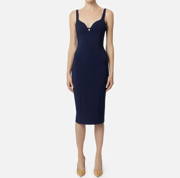 Elisabetta Franchi Abiti Midi | Abiti Tubino^Abito midi in crêpe stretch taglio coppe Navy