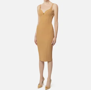 Elisabetta Franchi Abiti Midi | Abiti Tubino^Abito midi in crêpe stretch taglio coppe Camel