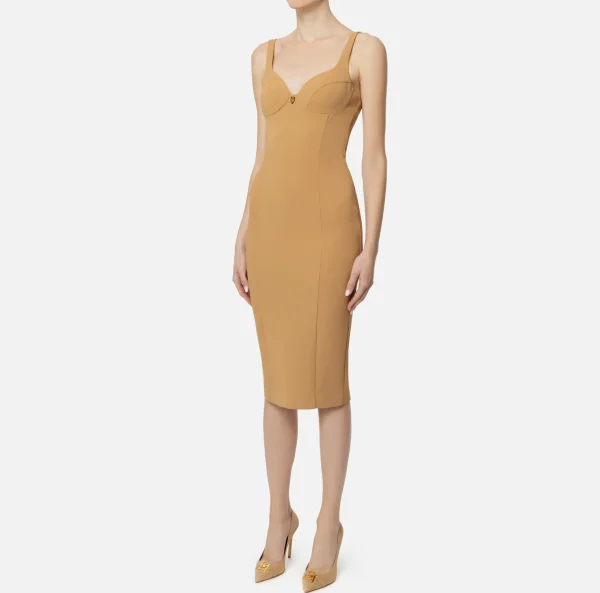 Elisabetta Franchi Abiti Midi | Abiti Tubino^Abito midi in crêpe stretch taglio coppe Camel