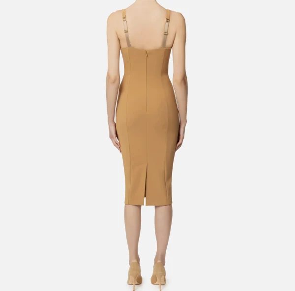 Elisabetta Franchi Abiti Midi | Abiti Tubino^Abito midi in crêpe stretch taglio coppe Camel