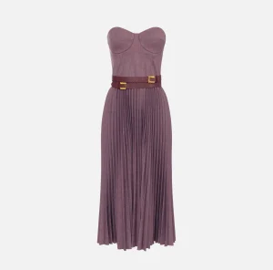 Elisabetta Franchi Abiti Midi | Abiti^Abito midi in fresco lana mélange con gonna plissé e cintura RougeNoir