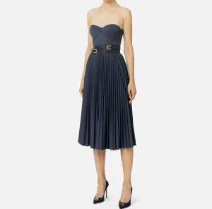 Elisabetta Franchi Abiti Midi | Abiti^Abito midi in fresco lana mélange con gonna plissé e cintura Navy