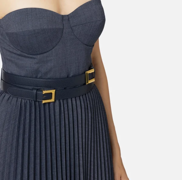 Elisabetta Franchi Abiti Midi | Abiti^Abito midi in fresco lana mélange con gonna plissé e cintura Navy