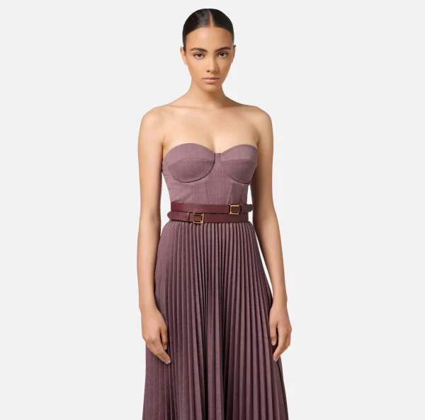 Elisabetta Franchi Abiti Midi | Abiti^Abito midi in fresco lana mélange con gonna plissé e cintura RougeNoir