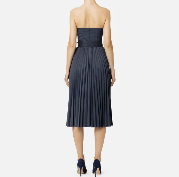 Elisabetta Franchi Abiti Midi | Abiti^Abito midi in fresco lana mélange con gonna plissé e cintura Navy