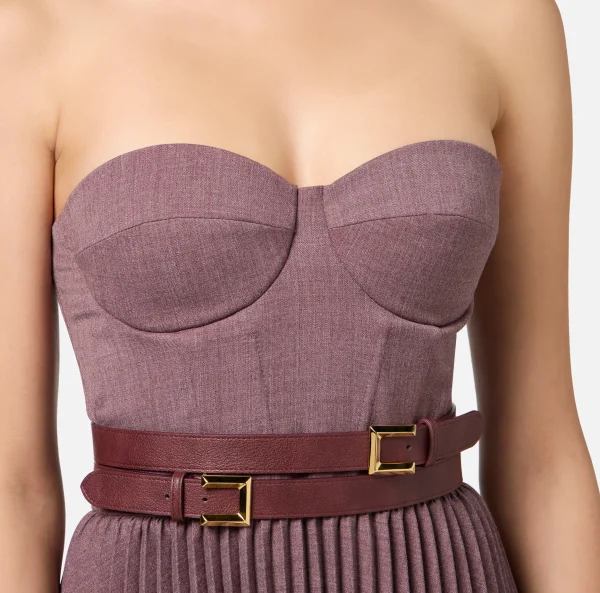 Elisabetta Franchi Abiti Midi | Abiti^Abito midi in fresco lana mélange con gonna plissé e cintura RougeNoir