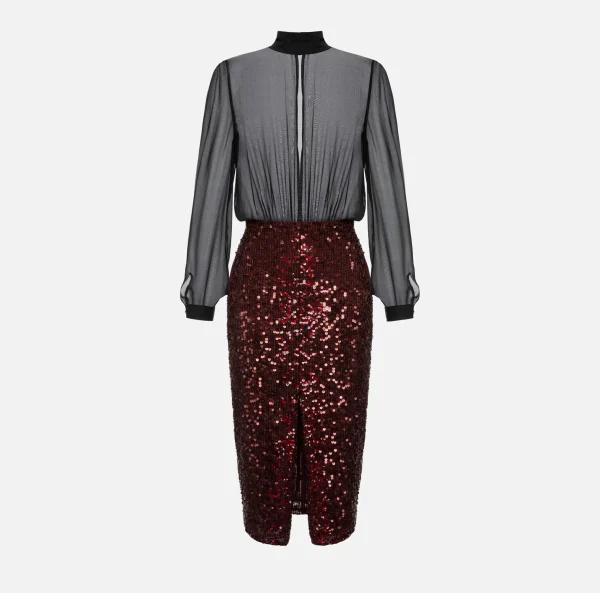 Elisabetta Franchi Abiti Midi | Abiti^Abito midi in georgette di seta ricamata con paillettes Nero/RougeNoir