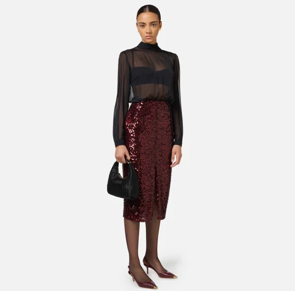 Elisabetta Franchi Abiti Midi | Abiti^Abito midi in georgette di seta ricamata con paillettes Nero/RougeNoir