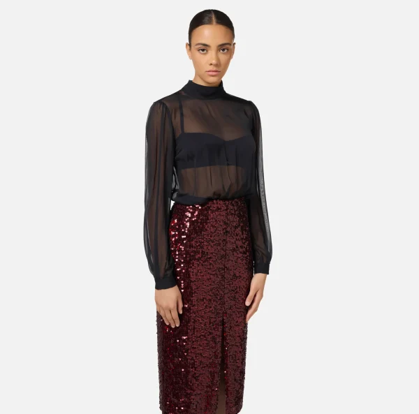 Elisabetta Franchi Abiti Midi | Abiti^Abito midi in georgette di seta ricamata con paillettes Nero/RougeNoir