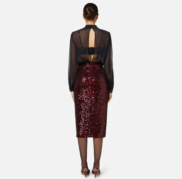 Elisabetta Franchi Abiti Midi | Abiti^Abito midi in georgette di seta ricamata con paillettes Nero/RougeNoir