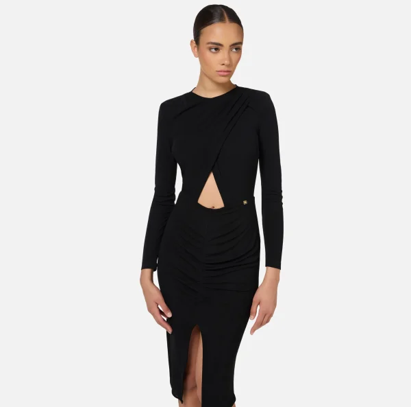 Elisabetta Franchi Abiti Midi | Abiti^Abito midi in jersey lucido con drappeggio Nero
