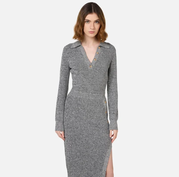 Elisabetta Franchi Abiti Midi | Abiti In Maglia^Abito midi in lana mouliné con patch logo Nero/Burro