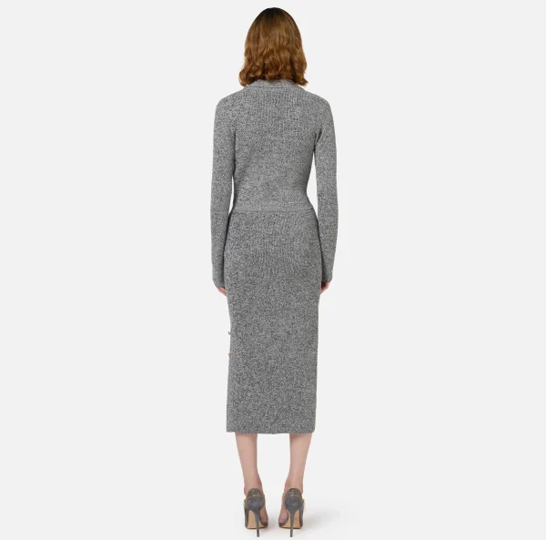 Elisabetta Franchi Abiti Midi | Abiti In Maglia^Abito midi in lana mouliné con patch logo Nero/Burro
