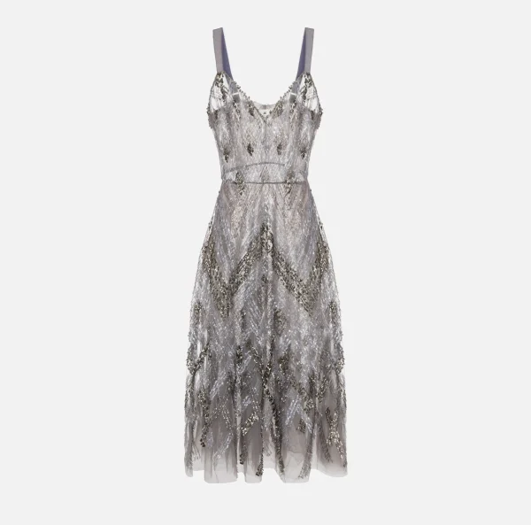 Elisabetta Franchi Abiti Red Carpet | Abiti Midi^Abito midi in tulle con ricamo paillettes chevron Steel
