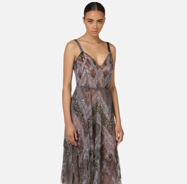 Elisabetta Franchi Abiti Red Carpet | Abiti Midi^Abito midi in tulle con ricamo paillettes chevron Steel