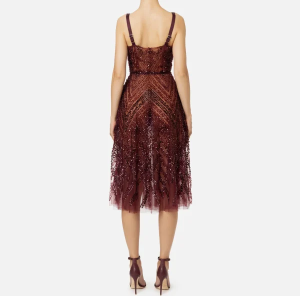 Elisabetta Franchi Abiti Red Carpet | Abiti Midi^Abito midi in tulle con ricamo paillettes chevron RougeNoir