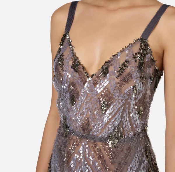Elisabetta Franchi Abiti Red Carpet | Abiti Midi^Abito midi in tulle con ricamo paillettes chevron Steel