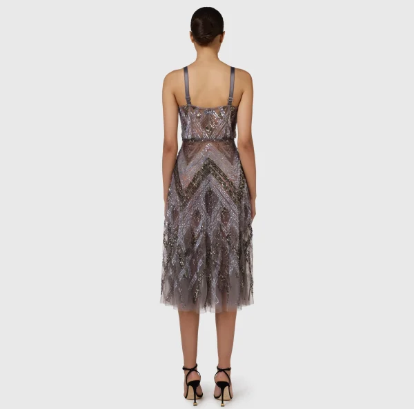 Elisabetta Franchi Abiti Red Carpet | Abiti Midi^Abito midi in tulle con ricamo paillettes chevron Steel
