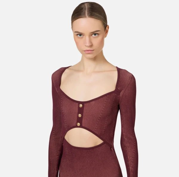 Elisabetta Franchi Abiti Midi | Abiti In Maglia^Abito midi in viscosa a costine con cut-out RougeNoir/Blush