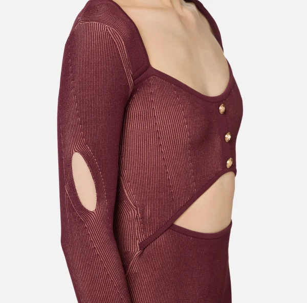 Elisabetta Franchi Abiti Midi | Abiti In Maglia^Abito midi in viscosa a costine con cut-out RougeNoir/Blush