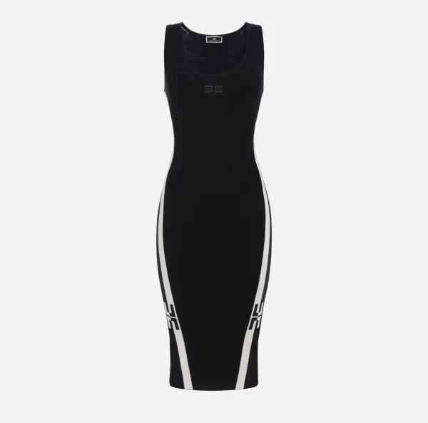 Elisabetta Franchi Abiti Tubino | Abiti Midi^Abito midi in viscosa con bande logo Nero/Burro