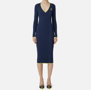 Elisabetta Franchi Abiti Midi | Abiti In Maglia^Abito midi in viscosa con logo a contrasto Navy/Mimosa